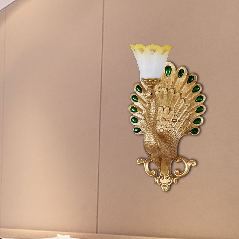 Traditional Peacock Wall Light Fixture 1 Bulb Resin Wall Sconce with White and Yellow Glass Floral Shade Gold Clearhalo 'Wall Lamps & Sconces' 'Wall Lights' Lighting' 283023