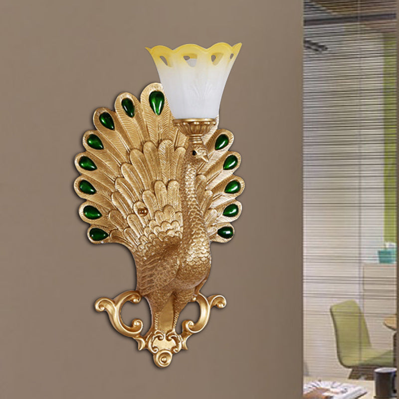 Traditional Peacock Wall Light Fixture 1 Bulb Resin Wall Sconce with White and Yellow Glass Floral Shade Clearhalo 'Wall Lamps & Sconces' 'Wall Lights' Lighting' 283024