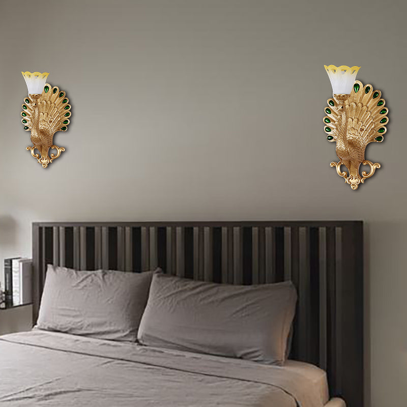 Traditional Peacock Wall Light Fixture 1 Bulb Resin Wall Sconce with White and Yellow Glass Floral Shade Clearhalo 'Wall Lamps & Sconces' 'Wall Lights' Lighting' 283025