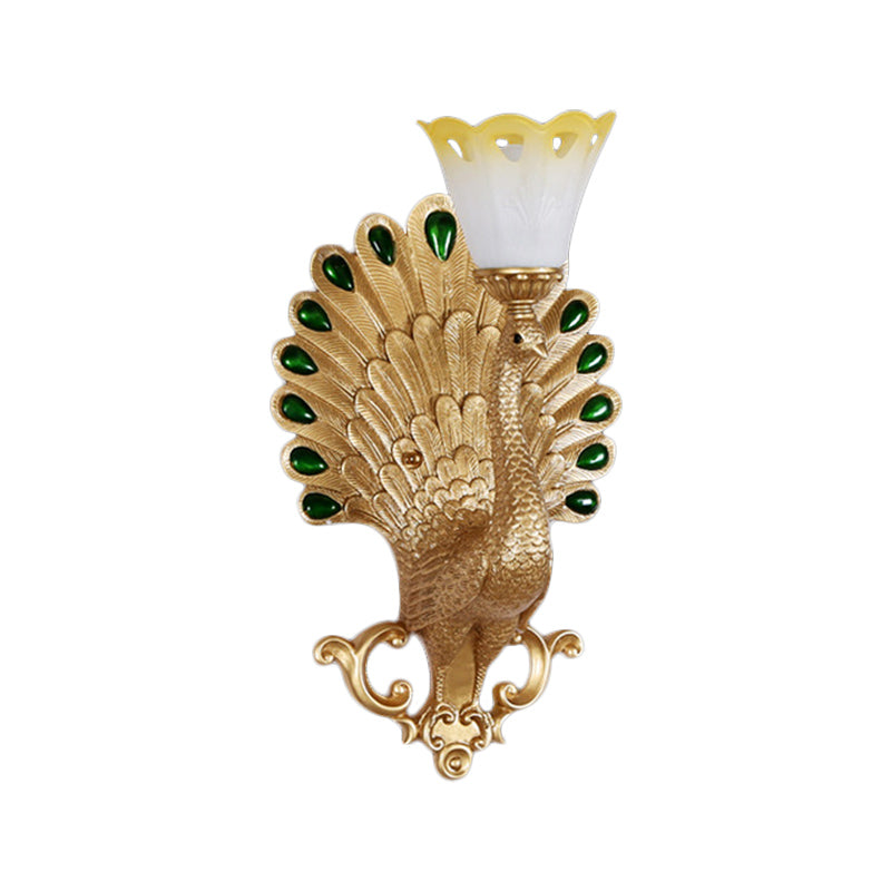 Traditional Peacock Wall Light Fixture 1 Bulb Resin Wall Sconce with White and Yellow Glass Floral Shade Clearhalo 'Wall Lamps & Sconces' 'Wall Lights' Lighting' 283026