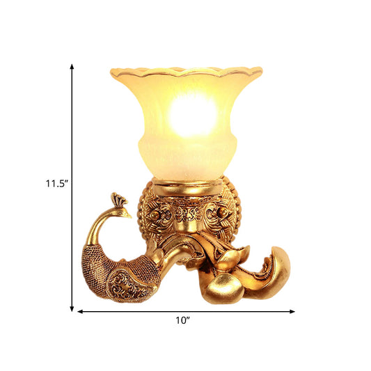 Frosted Glass Petal Wall Sconce Vintage Style 1 Bulb Corridor Wall Lighting Fixture with Gold Peacock Backplate Clearhalo 'Wall Lamps & Sconces' 'Wall Lights' Lighting' 283032