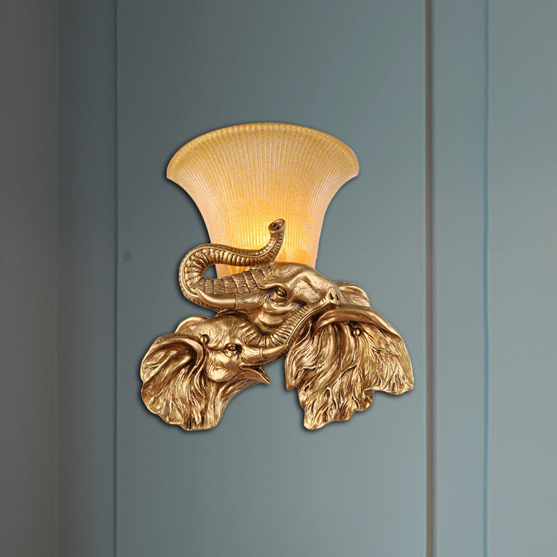 Bell Yellow Glass Wall Lamp Traditional Style 1 Light Bedroom Sconce Lighting with Elephant Design in Gold Gold Clearhalo 'Wall Lamps & Sconces' 'Wall Lights' Lighting' 283051