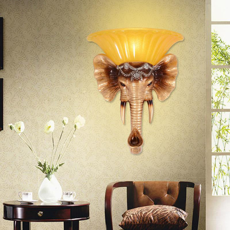 1 Head Wall Mount Lamp Vintage Style Bowl Yellow Glass Sconce Light Fixture with Golden Elephant Design Gold Clearhalo 'Wall Lamps & Sconces' 'Wall Lights' Lighting' 283057