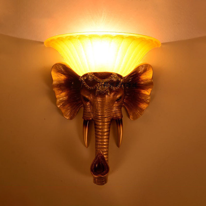 1 Head Wall Mount Lamp Vintage Style Bowl Yellow Glass Sconce Light Fixture with Golden Elephant Design Clearhalo 'Wall Lamps & Sconces' 'Wall Lights' Lighting' 283058