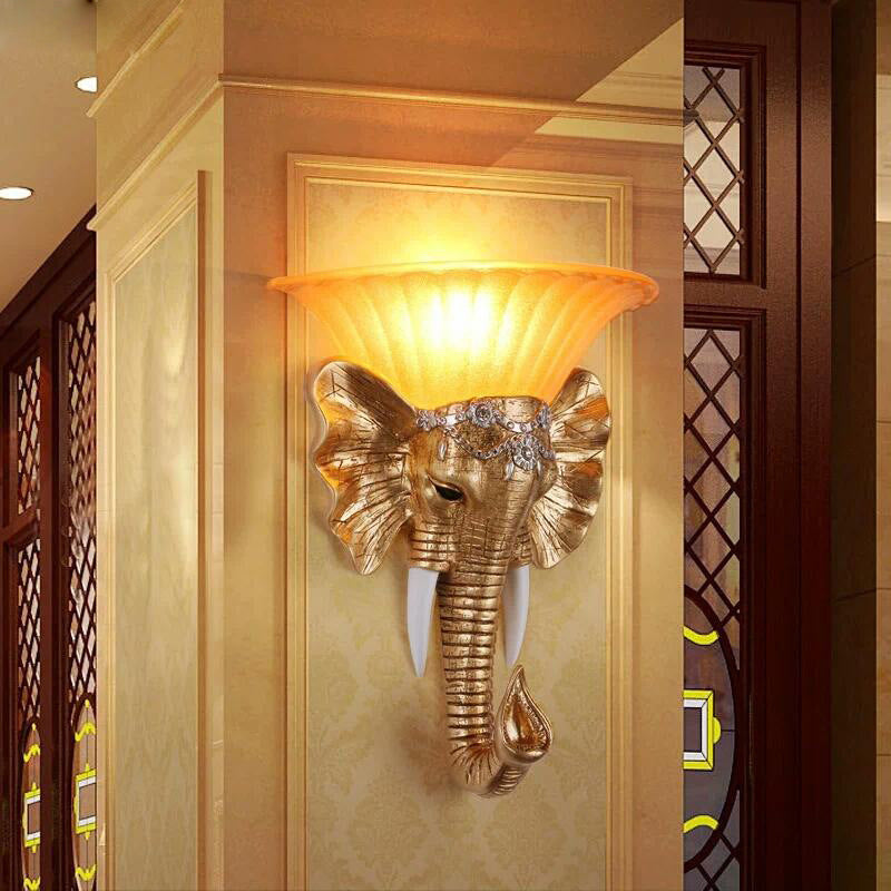 1 Head Wall Mount Lamp Vintage Style Bowl Yellow Glass Sconce Light Fixture with Golden Elephant Design Clearhalo 'Wall Lamps & Sconces' 'Wall Lights' Lighting' 283059