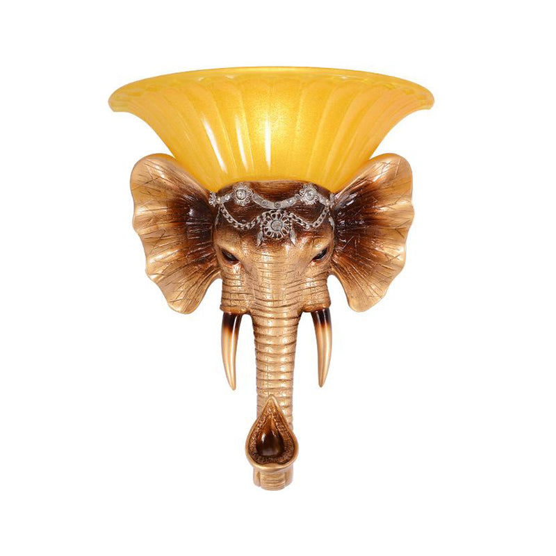 1 Head Wall Mount Lamp Vintage Style Bowl Yellow Glass Sconce Light Fixture with Golden Elephant Design Clearhalo 'Wall Lamps & Sconces' 'Wall Lights' Lighting' 283060