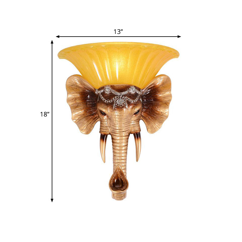 1 Head Wall Mount Lamp Vintage Style Bowl Yellow Glass Sconce Light Fixture with Golden Elephant Design Clearhalo 'Wall Lamps & Sconces' 'Wall Lights' Lighting' 283061
