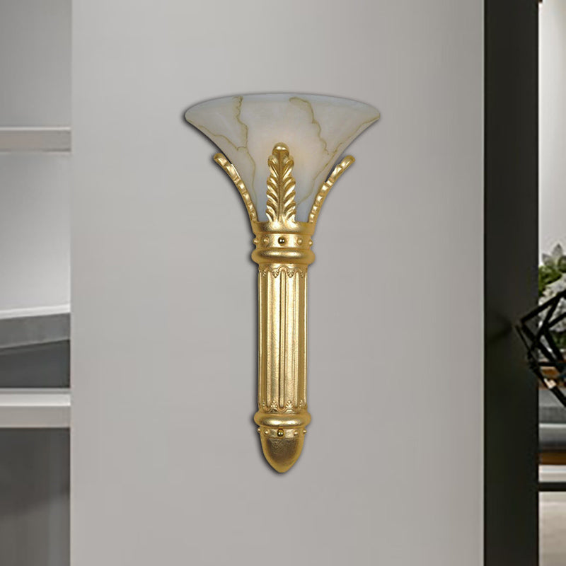 Lodge Style Bell Wall Light Fixture 1 Bulb White Glass and Resin Wall Sconce in Gold for Bedroom Gold Clearhalo 'Wall Lamps & Sconces' 'Wall Lights' Lighting' 283063