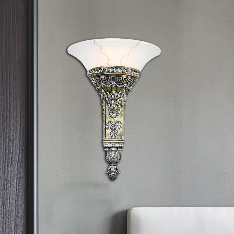 1 Light Wall Sconce Fixture with Flared White Glass Modern Style Living Room Wall Mount Light in Aged Silver Aged Silver Clearhalo 'Wall Lamps & Sconces' 'Wall Lights' Lighting' 283115