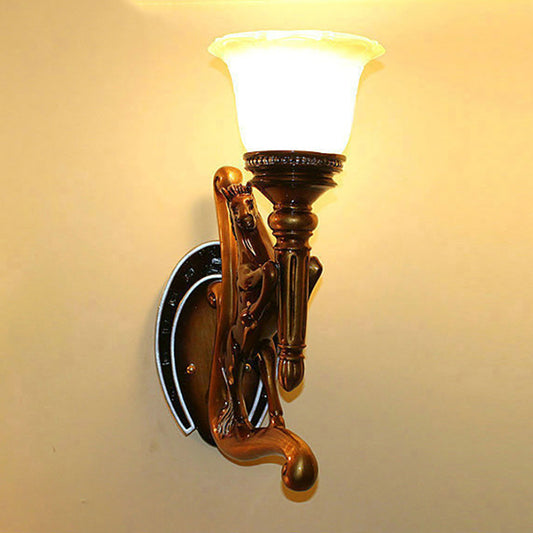 Resin Brown Sconce Light Horse Design 1 Head Modernist Style Wall Mount Light with Amber Glass Bell Shade Clearhalo 'Wall Lamps & Sconces' 'Wall Lights' Lighting' 283132