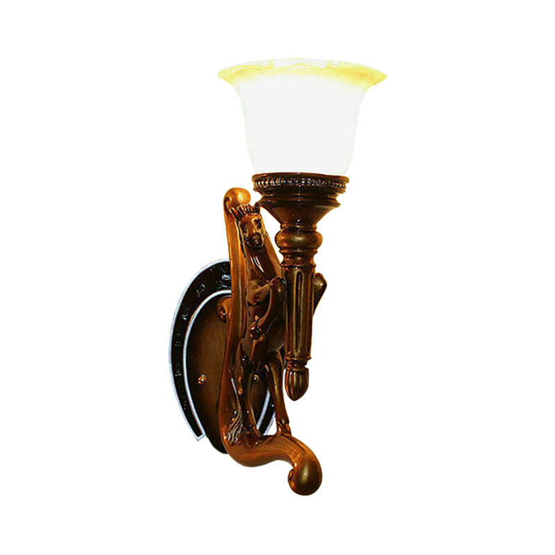 Resin Brown Sconce Light Horse Design 1 Head Modernist Style Wall Mount Light with Amber Glass Bell Shade Clearhalo 'Wall Lamps & Sconces' 'Wall Lights' Lighting' 283134