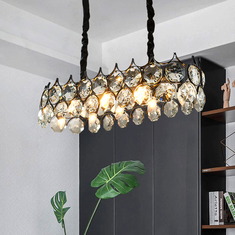 8-Bulb Dining Room Island Light Modern Black/Gold Pendant Lighting Fixture with Linear Beveled Crystal Prism Shade Black Clearhalo 'Ceiling Lights' 'Island Lights' Lighting' 283136