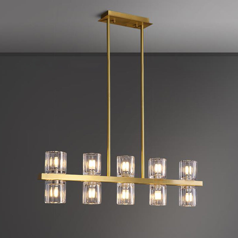 Cylinder Island Light Fixture Modern Clear Glass 10 Heads Gold Suspension Pendant for Restaurant Clearhalo 'Ceiling Lights' 'Island Lights' Lighting' 283148