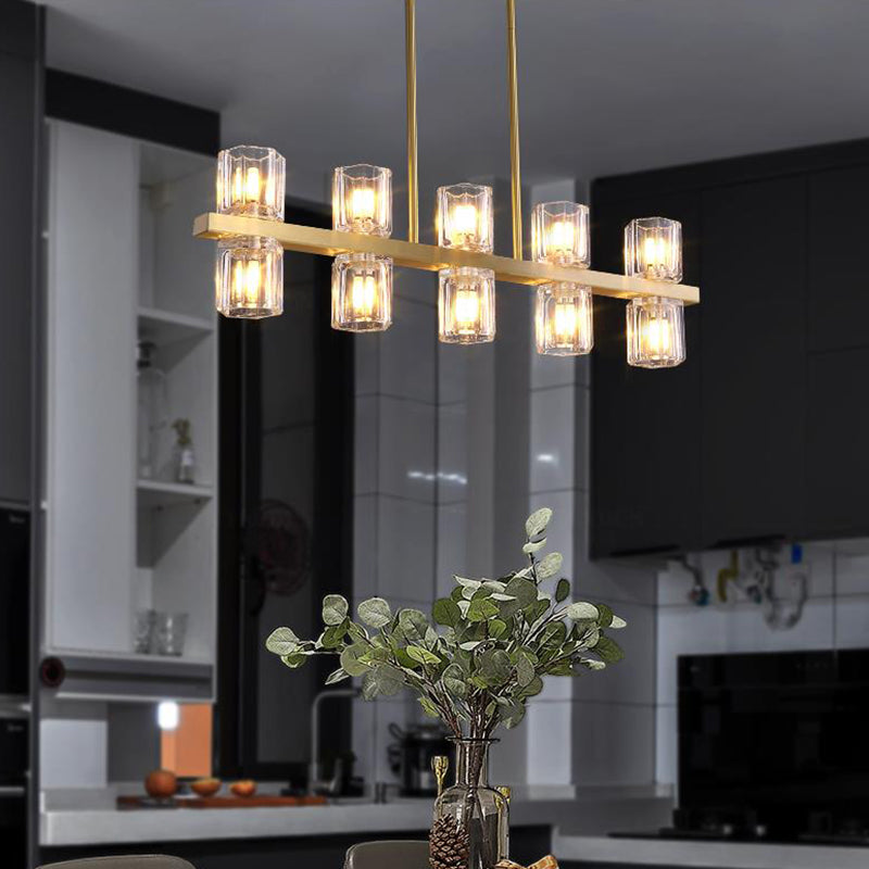 Cylinder Island Light Fixture Modern Clear Glass 10 Heads Gold Suspension Pendant for Restaurant Clearhalo 'Ceiling Lights' 'Island Lights' Lighting' 283149