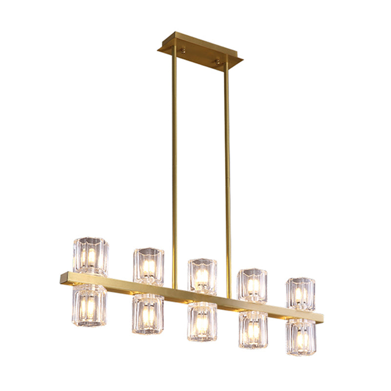 Cylinder Island Light Fixture Modern Clear Glass 10 Heads Gold Suspension Pendant for Restaurant Clearhalo 'Ceiling Lights' 'Island Lights' Lighting' 283150