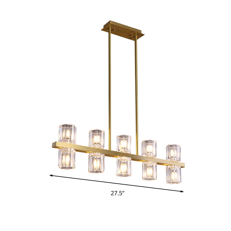 Cylinder Island Light Fixture Modern Clear Glass 10 Heads Gold Suspension Pendant for Restaurant Clearhalo 'Ceiling Lights' 'Island Lights' Lighting' 283151