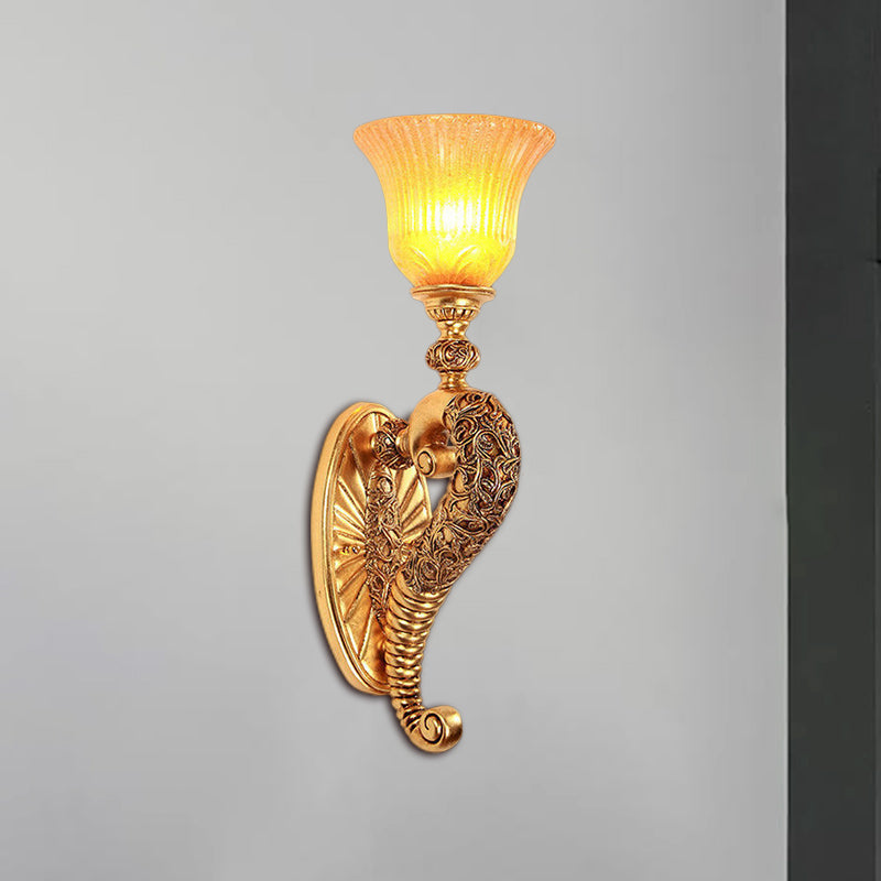 Retro Style Bell Wall Sconce 1 Bulb Amber Glass Wall Lighting Fixture with Bronze/Gold Curved Arm for Bedroom Gold Clearhalo 'Wall Lamps & Sconces' 'Wall Lights' Lighting' 283153