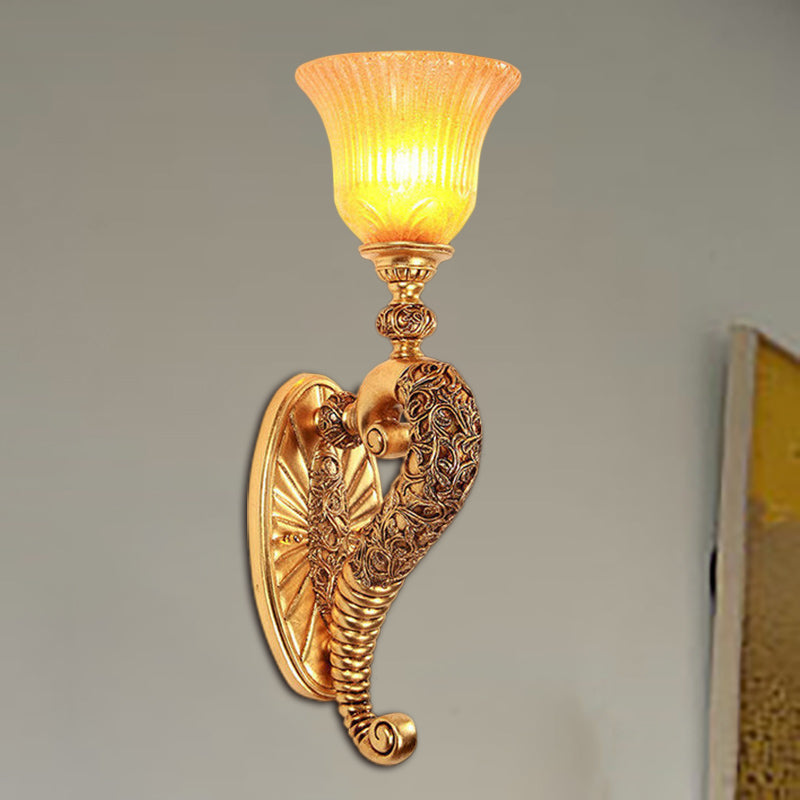 Retro Style Bell Wall Sconce 1 Bulb Amber Glass Wall Lighting Fixture with Bronze/Gold Curved Arm for Bedroom Clearhalo 'Wall Lamps & Sconces' 'Wall Lights' Lighting' 283154