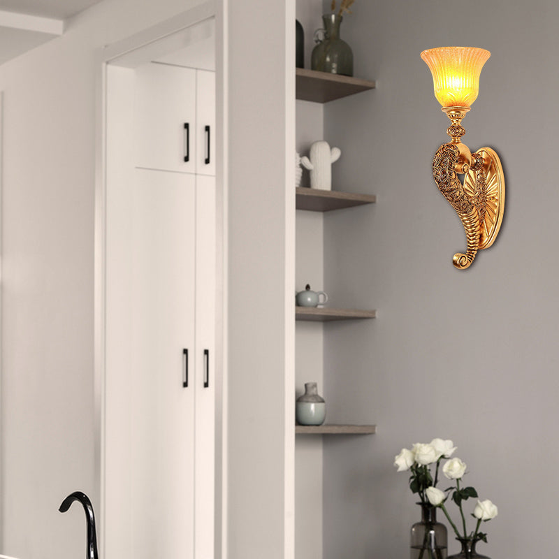 Retro Style Bell Wall Sconce 1 Bulb Amber Glass Wall Lighting Fixture with Bronze/Gold Curved Arm for Bedroom Clearhalo 'Wall Lamps & Sconces' 'Wall Lights' Lighting' 283155