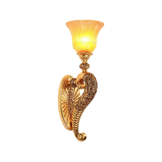 Retro Style Bell Wall Sconce 1 Bulb Amber Glass Wall Lighting Fixture with Bronze/Gold Curved Arm for Bedroom Clearhalo 'Wall Lamps & Sconces' 'Wall Lights' Lighting' 283156