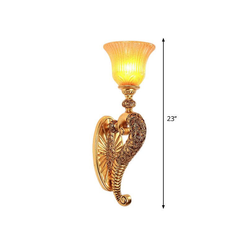 Retro Style Bell Wall Sconce 1 Bulb Amber Glass Wall Lighting Fixture with Bronze/Gold Curved Arm for Bedroom Clearhalo 'Wall Lamps & Sconces' 'Wall Lights' Lighting' 283157