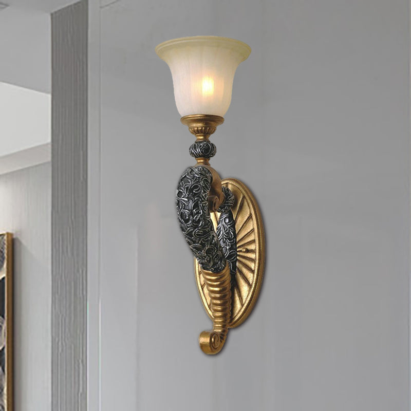 Retro Style Bell Wall Sconce 1 Bulb Amber Glass Wall Lighting Fixture with Bronze/Gold Curved Arm for Bedroom Bronze Clearhalo 'Wall Lamps & Sconces' 'Wall Lights' Lighting' 283159