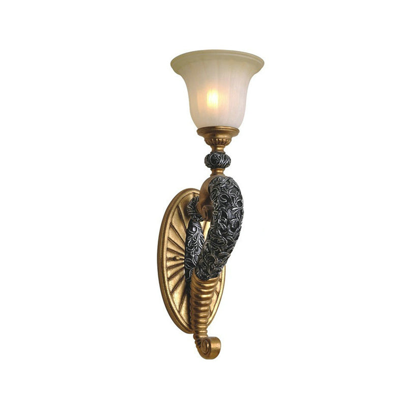 Retro Style Bell Wall Sconce 1 Bulb Amber Glass Wall Lighting Fixture with Bronze/Gold Curved Arm for Bedroom Clearhalo 'Wall Lamps & Sconces' 'Wall Lights' Lighting' 283161