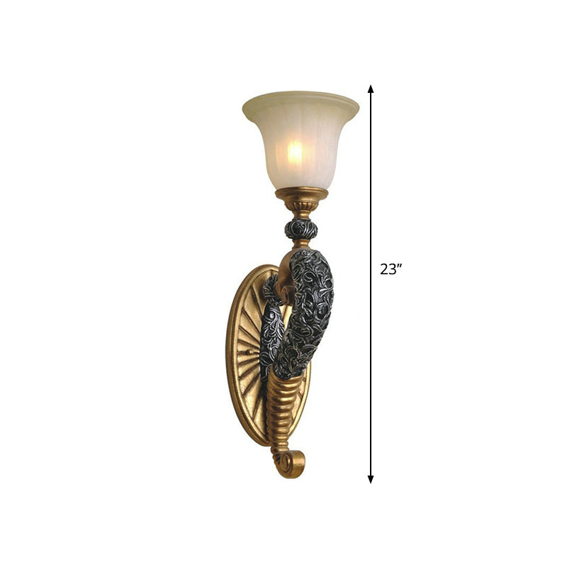 Retro Style Bell Wall Sconce 1 Bulb Amber Glass Wall Lighting Fixture with Bronze/Gold Curved Arm for Bedroom Clearhalo 'Wall Lamps & Sconces' 'Wall Lights' Lighting' 283162