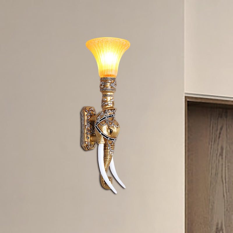 Elephant Corridor Wall Light Fixture Retro Stylish Resin 1 Bulb Gold Wall Mount Lamp with Bell Amber Glass Shade Textured White Clearhalo 'Wall Lamps & Sconces' 'Wall Lights' Lighting' 283168