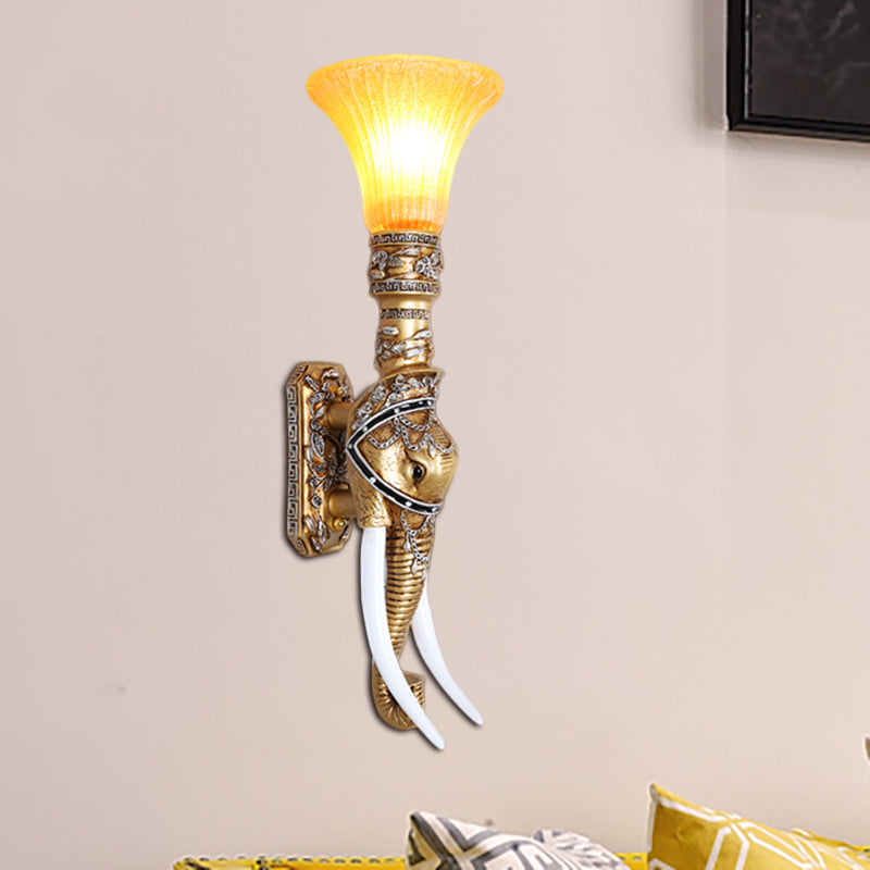 Elephant Corridor Wall Light Fixture Retro Stylish Resin 1 Bulb Gold Wall Mount Lamp with Bell Amber Glass Shade Clearhalo 'Wall Lamps & Sconces' 'Wall Lights' Lighting' 283169