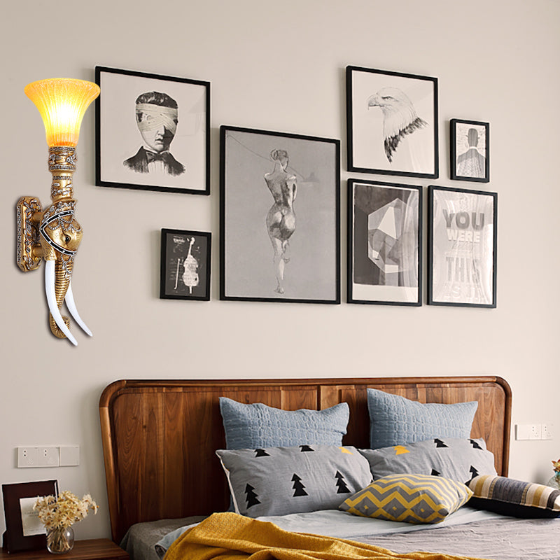 Elephant Corridor Wall Light Fixture Retro Stylish Resin 1 Bulb Gold Wall Mount Lamp with Bell Amber Glass Shade Clearhalo 'Wall Lamps & Sconces' 'Wall Lights' Lighting' 283170