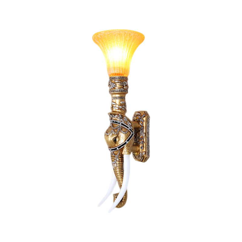 Elephant Corridor Wall Light Fixture Retro Stylish Resin 1 Bulb Gold Wall Mount Lamp with Bell Amber Glass Shade Clearhalo 'Wall Lamps & Sconces' 'Wall Lights' Lighting' 283171