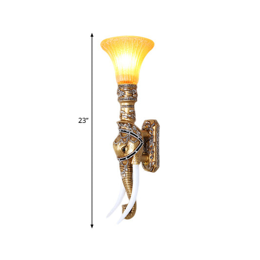 Elephant Corridor Wall Light Fixture Retro Stylish Resin 1 Bulb Gold Wall Mount Lamp with Bell Amber Glass Shade Clearhalo 'Wall Lamps & Sconces' 'Wall Lights' Lighting' 283172