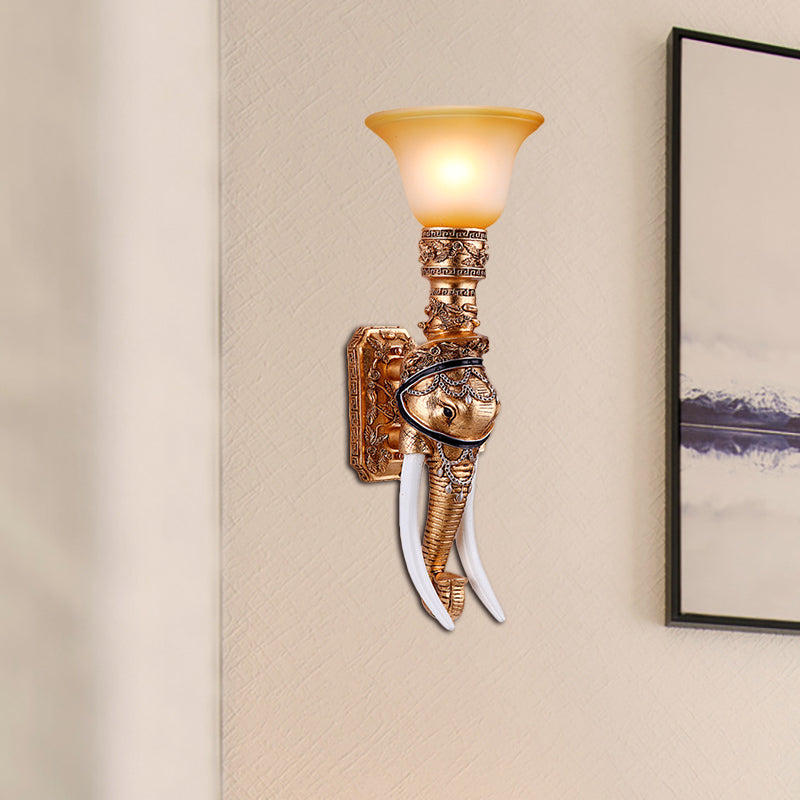 Golden Elephant Sconce Lamp Colonial Style Resin 1 Bulb Corridor Wall Lighting with Amber Glass Bell Shade Gold Clearhalo 'Wall Lamps & Sconces' 'Wall Lights' Lighting' 283174