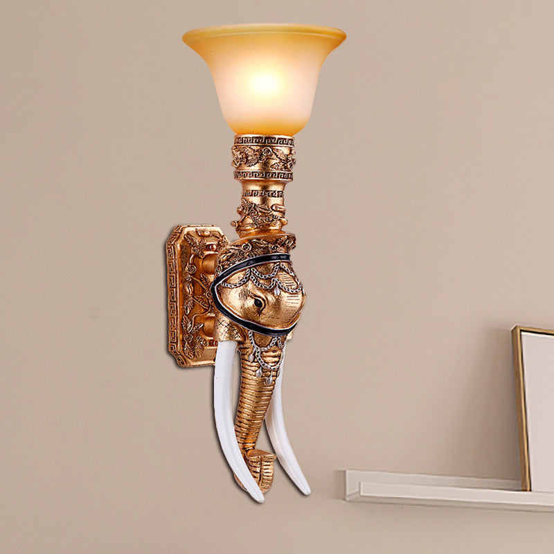 Golden Elephant Sconce Lamp Colonial Style Resin 1 Bulb Corridor Wall Lighting with Amber Glass Bell Shade Clearhalo 'Wall Lamps & Sconces' 'Wall Lights' Lighting' 283175