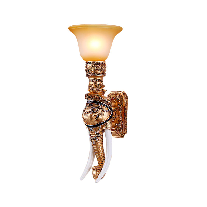 Golden Elephant Sconce Lamp Colonial Style Resin 1 Bulb Corridor Wall Lighting with Amber Glass Bell Shade Clearhalo 'Wall Lamps & Sconces' 'Wall Lights' Lighting' 283177