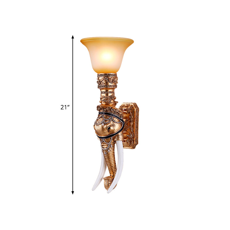 Golden Elephant Sconce Lamp Colonial Style Resin 1 Bulb Corridor Wall Lighting with Amber Glass Bell Shade Clearhalo 'Wall Lamps & Sconces' 'Wall Lights' Lighting' 283178