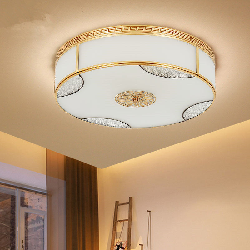 Chinese Style Drum Flush Ceiling Light 14"/18"/21.5" W 3/4/6-Light Matte White Glass Flushmount Lighting in Brass Brass Clearhalo 'Ceiling Lights' 'Close To Ceiling Lights' 'Close to ceiling' 'Flush mount' Lighting' 283287