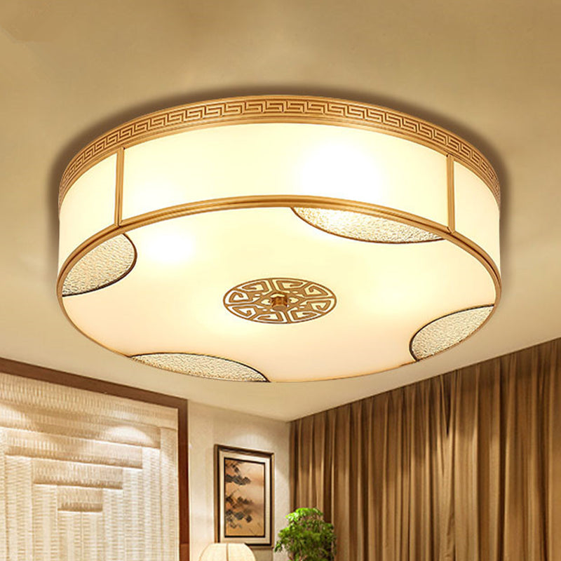 Chinese Style Drum Flush Ceiling Light 14"/18"/21.5" W 3/4/6-Light Matte White Glass Flushmount Lighting in Brass Clearhalo 'Ceiling Lights' 'Close To Ceiling Lights' 'Close to ceiling' 'Flush mount' Lighting' 283288