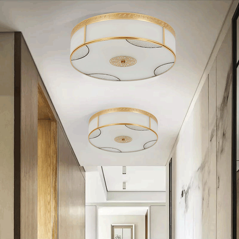 Chinese Style Drum Flush Ceiling Light 14"/18"/21.5" W 3/4/6-Light Matte White Glass Flushmount Lighting in Brass Clearhalo 'Ceiling Lights' 'Close To Ceiling Lights' 'Close to ceiling' 'Flush mount' Lighting' 283289