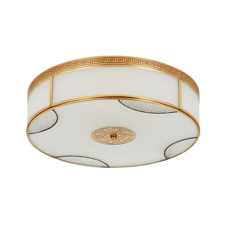 Chinese Style Drum Flush Ceiling Light 14"/18"/21.5" W 3/4/6-Light Matte White Glass Flushmount Lighting in Brass Clearhalo 'Ceiling Lights' 'Close To Ceiling Lights' 'Close to ceiling' 'Flush mount' Lighting' 283290