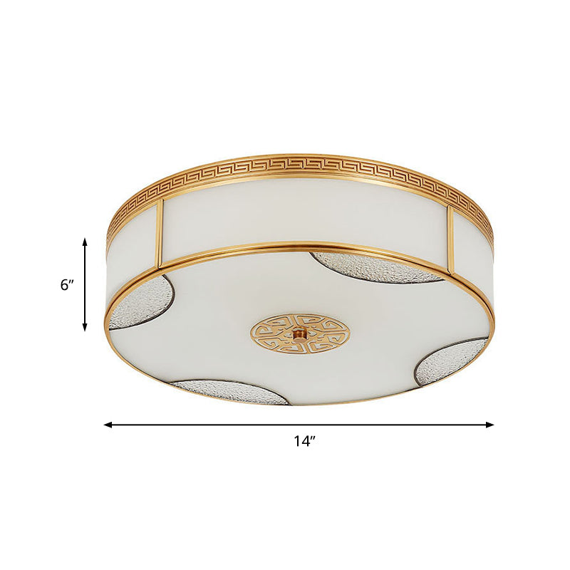 Chinese Style Drum Flush Ceiling Light 14"/18"/21.5" W 3/4/6-Light Matte White Glass Flushmount Lighting in Brass Clearhalo 'Ceiling Lights' 'Close To Ceiling Lights' 'Close to ceiling' 'Flush mount' Lighting' 283291