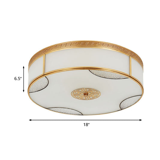 Chinese Style Drum Flush Ceiling Light 14"/18"/21.5" W 3/4/6-Light Matte White Glass Flushmount Lighting in Brass Clearhalo 'Ceiling Lights' 'Close To Ceiling Lights' 'Close to ceiling' 'Flush mount' Lighting' 283292