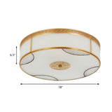 Chinese Style Drum Flush Ceiling Light 14"/18"/21.5" W 3/4/6-Light Matte White Glass Flushmount Lighting in Brass Clearhalo 'Ceiling Lights' 'Close To Ceiling Lights' 'Close to ceiling' 'Flush mount' Lighting' 283292