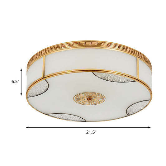 Chinese Style Drum Flush Ceiling Light 14"/18"/21.5" W 3/4/6-Light Matte White Glass Flushmount Lighting in Brass Clearhalo 'Ceiling Lights' 'Close To Ceiling Lights' 'Close to ceiling' 'Flush mount' Lighting' 283293