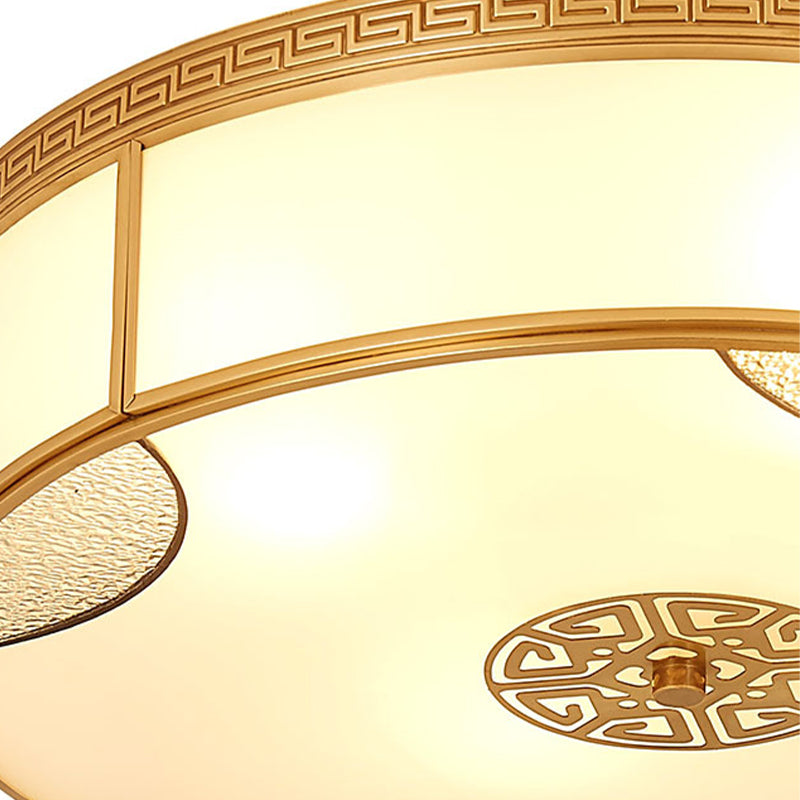 Chinese Style Drum Flush Ceiling Light 14"/18"/21.5" W 3/4/6-Light Matte White Glass Flushmount Lighting in Brass Clearhalo 'Ceiling Lights' 'Close To Ceiling Lights' 'Close to ceiling' 'Flush mount' Lighting' 283294