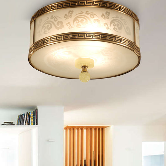 2/3/4 Light Frosted Glass Flush Light Chinese Style Brass Finish Drum Shape Ceiling Mount Light, 11.5"/13"/17" Dia Clearhalo 'Ceiling Lights' 'Close To Ceiling Lights' 'Close to ceiling' 'Flush mount' Lighting' 283323