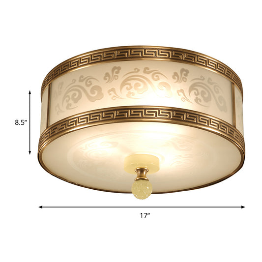 2/3/4 Light Frosted Glass Flush Light Chinese Style Brass Finish Drum Shape Ceiling Mount Light, 11.5"/13"/17" Dia Clearhalo 'Ceiling Lights' 'Close To Ceiling Lights' 'Close to ceiling' 'Flush mount' Lighting' 283328