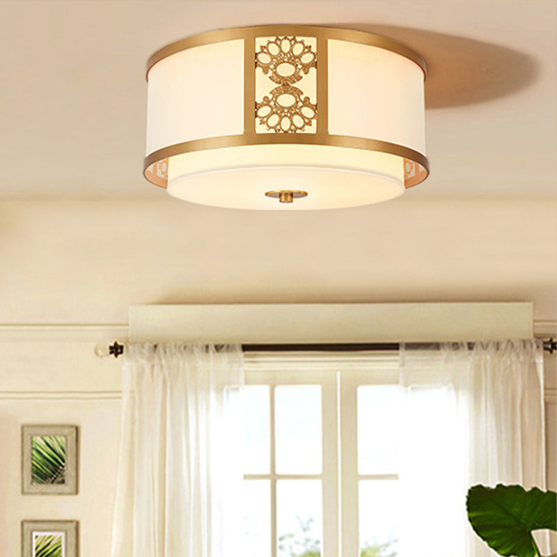 16"/19.5"Dia Brass Finish 3/4-Light Ceiling Lamp Minimalist Opaque Glass Dual Round Flush Mount Light Brass Clearhalo 'Ceiling Lights' 'Close To Ceiling Lights' 'Close to ceiling' 'Flush mount' Lighting' 283349