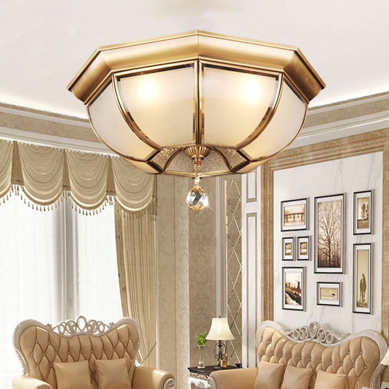 Concave Frosted Glass Ceiling Light 14"/18" W Traditional 3/4 Lights Living Room Flush Lamp in Brass Brass Clearhalo 'Ceiling Lights' 'Close To Ceiling Lights' 'Close to ceiling' 'Flush mount' Lighting' 283375